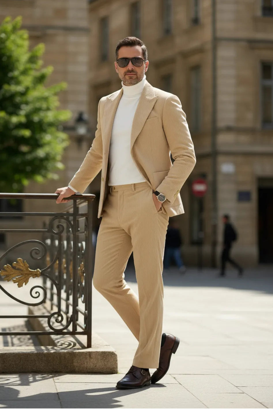 Men's Modern Fit Peak Lapel Corduroy 2 Piece Suits