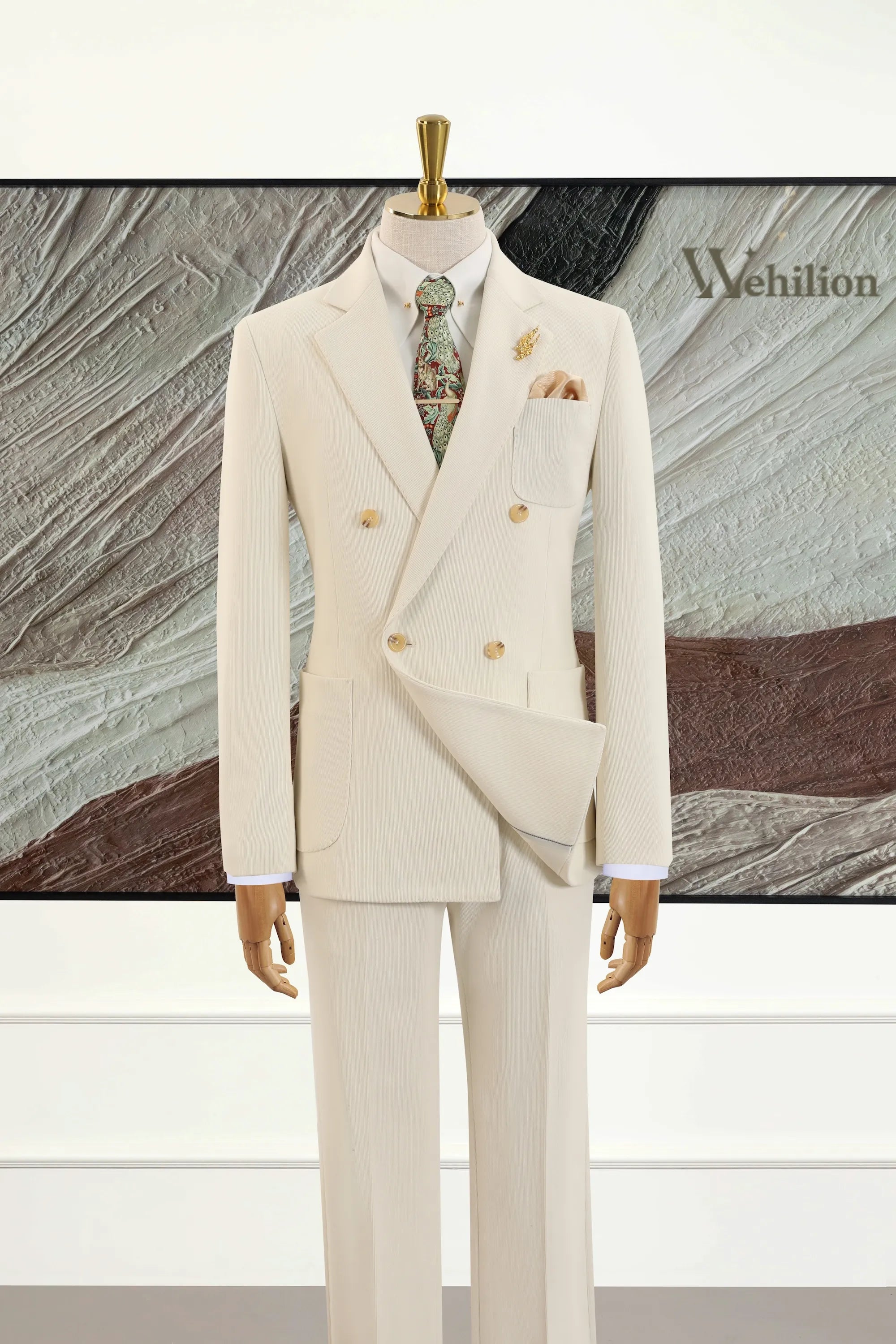Men's Beige Herringbone Double-breasted 2 Piece Suits