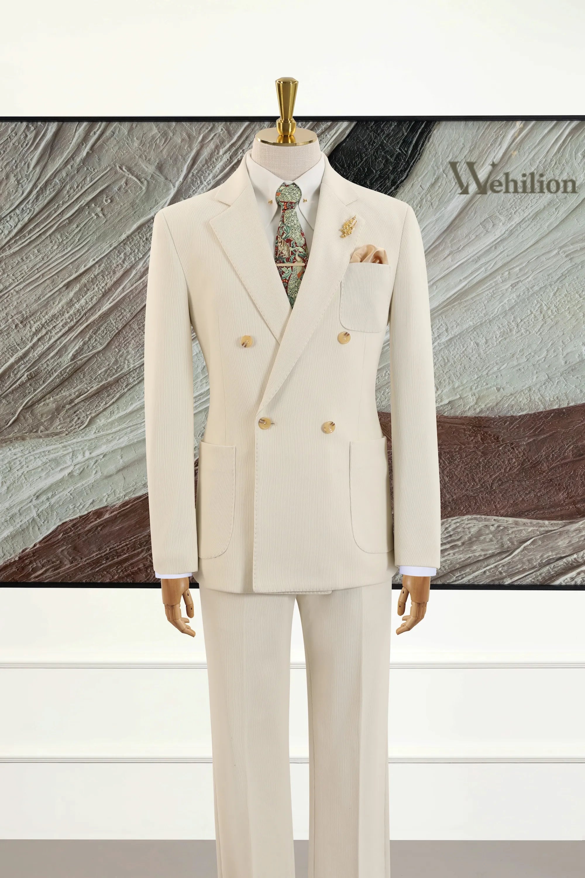 Men's Beige Herringbone Double-breasted 2 Piece Suits