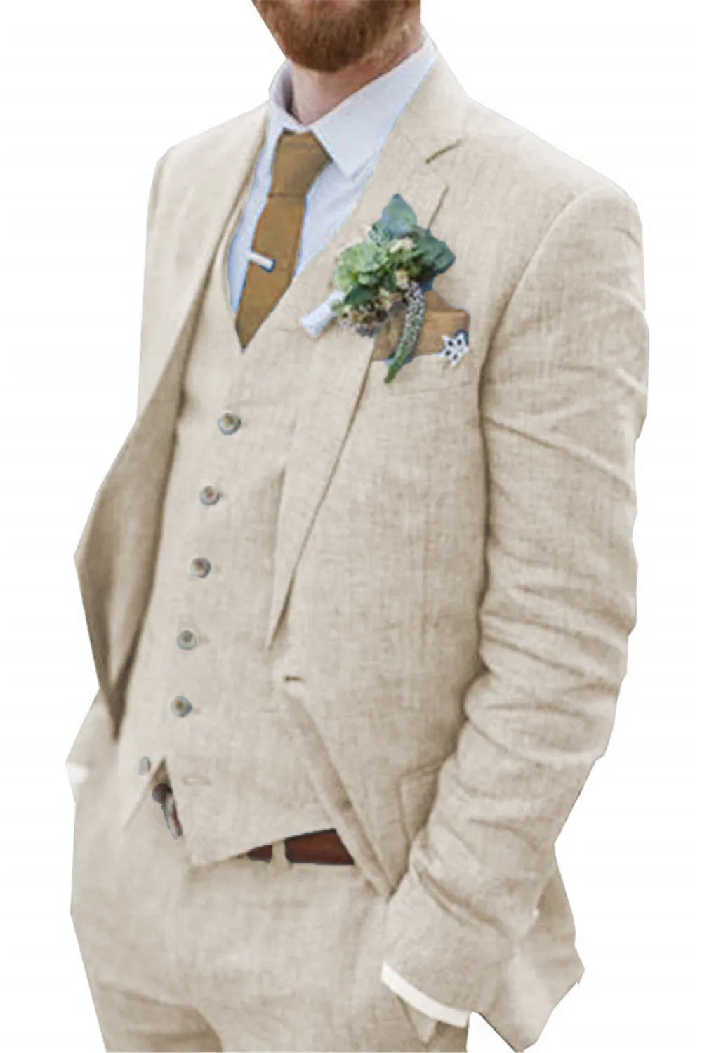 Close-up of beige linen 3 piece men's suit – retro wedding style with tailored blazer, buttoned vest, slim pants, and boutonniere.
