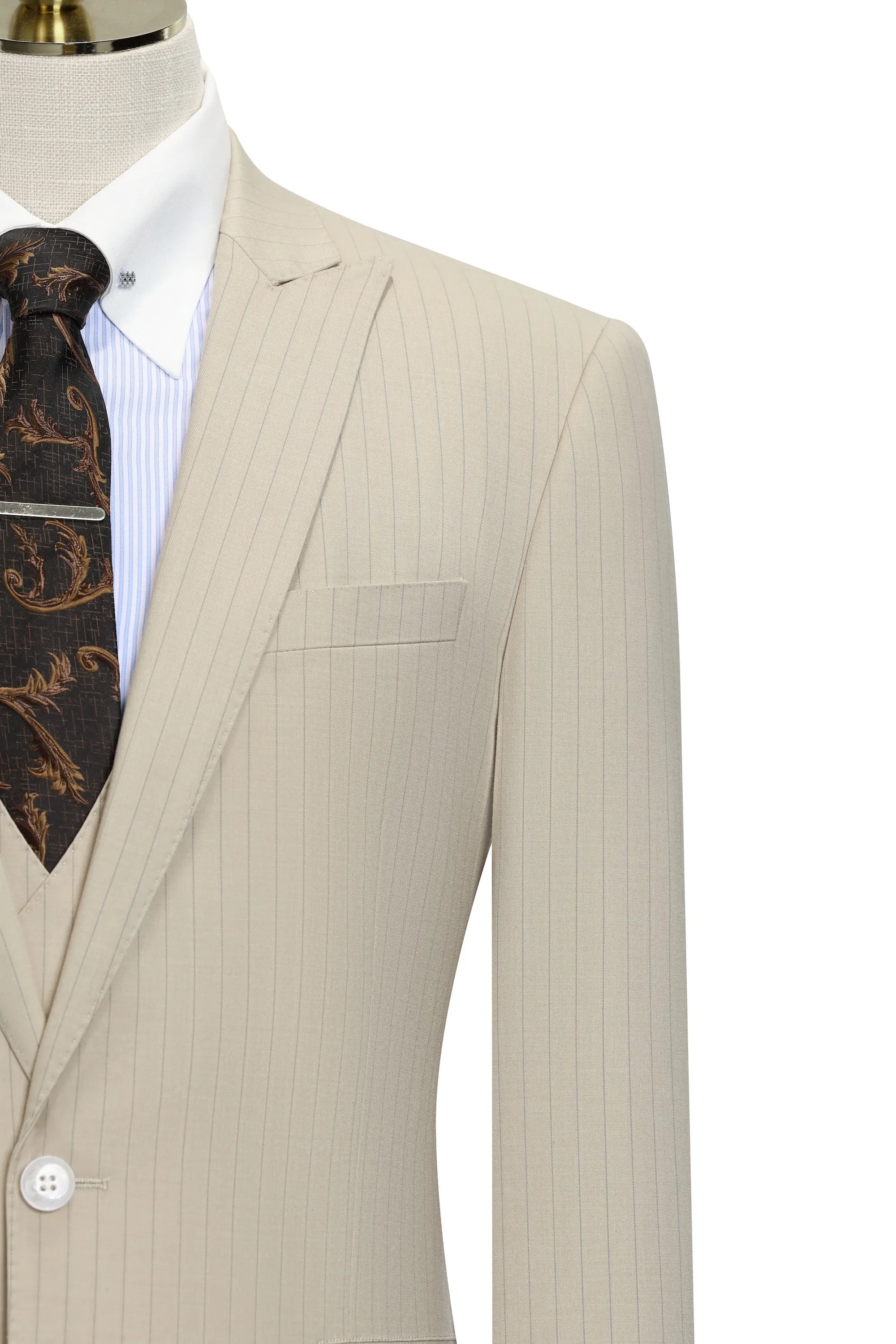 Men's Beige Peak Lapel Stripe 3 Piece Suits