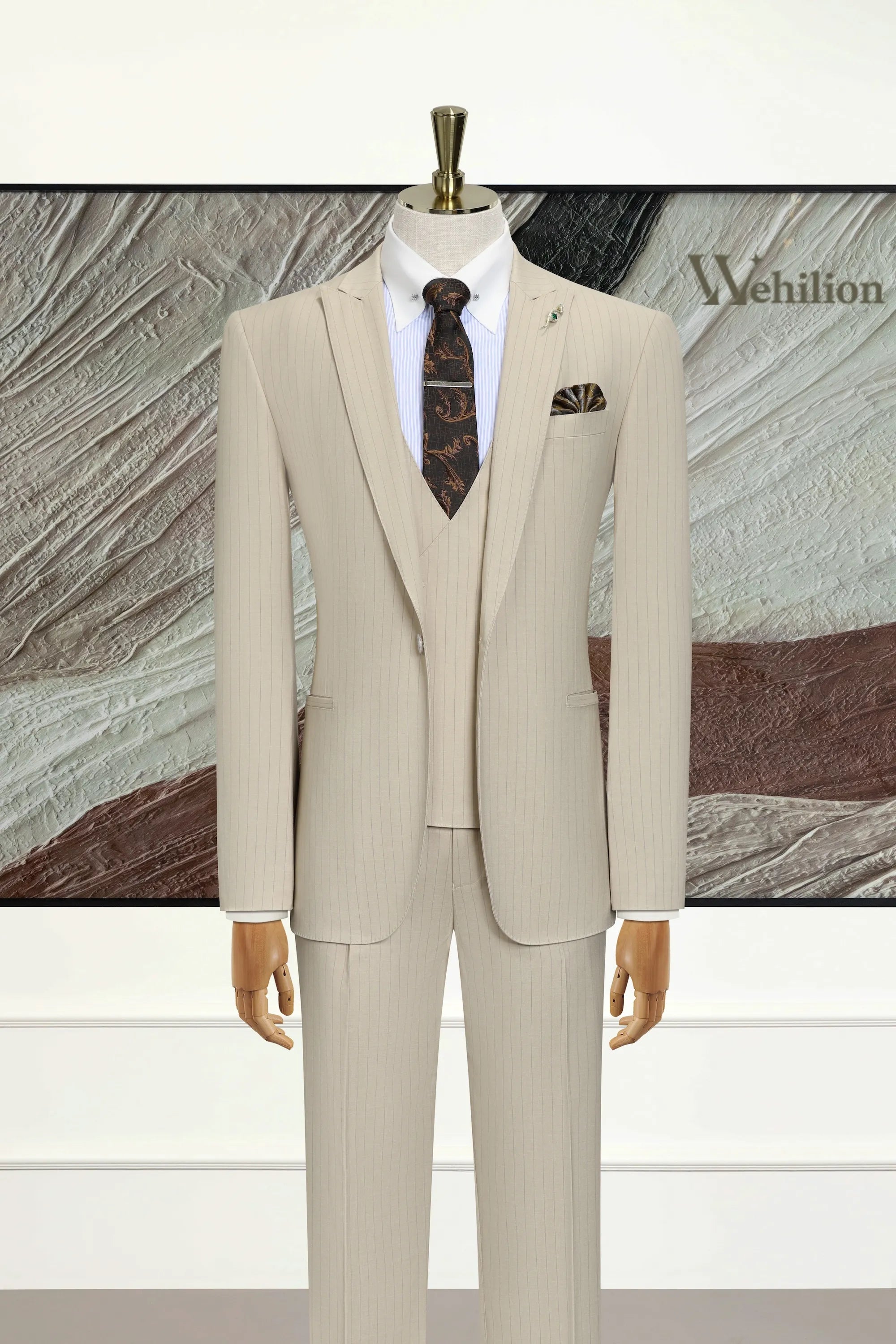 Men's Beige Peak Lapel Stripe 3 Piece Suits