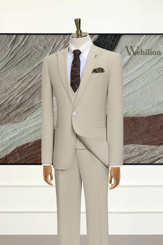 Men's Beige Peak Lapel Stripe 3 Piece Suits