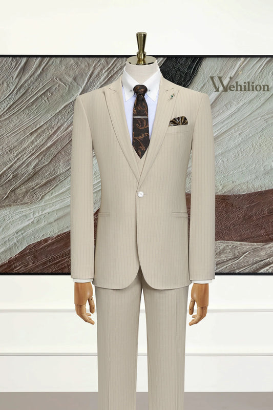 Men's Beige Peak Lapel Stripe 3 Piece Suits