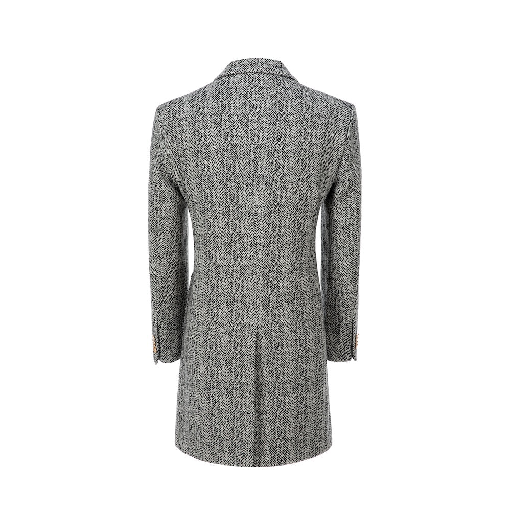 Back view of black and white wool overcoat for men – herringbone design