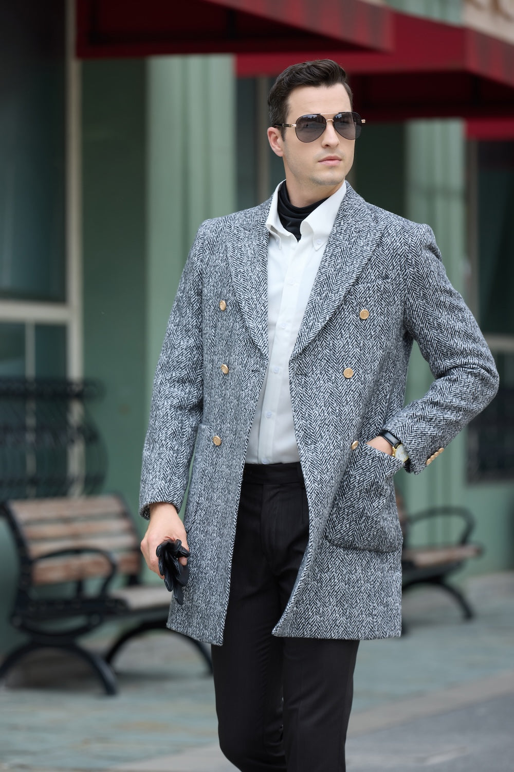 Black and white wool overcoat for men – styled with shirt and sunglasses