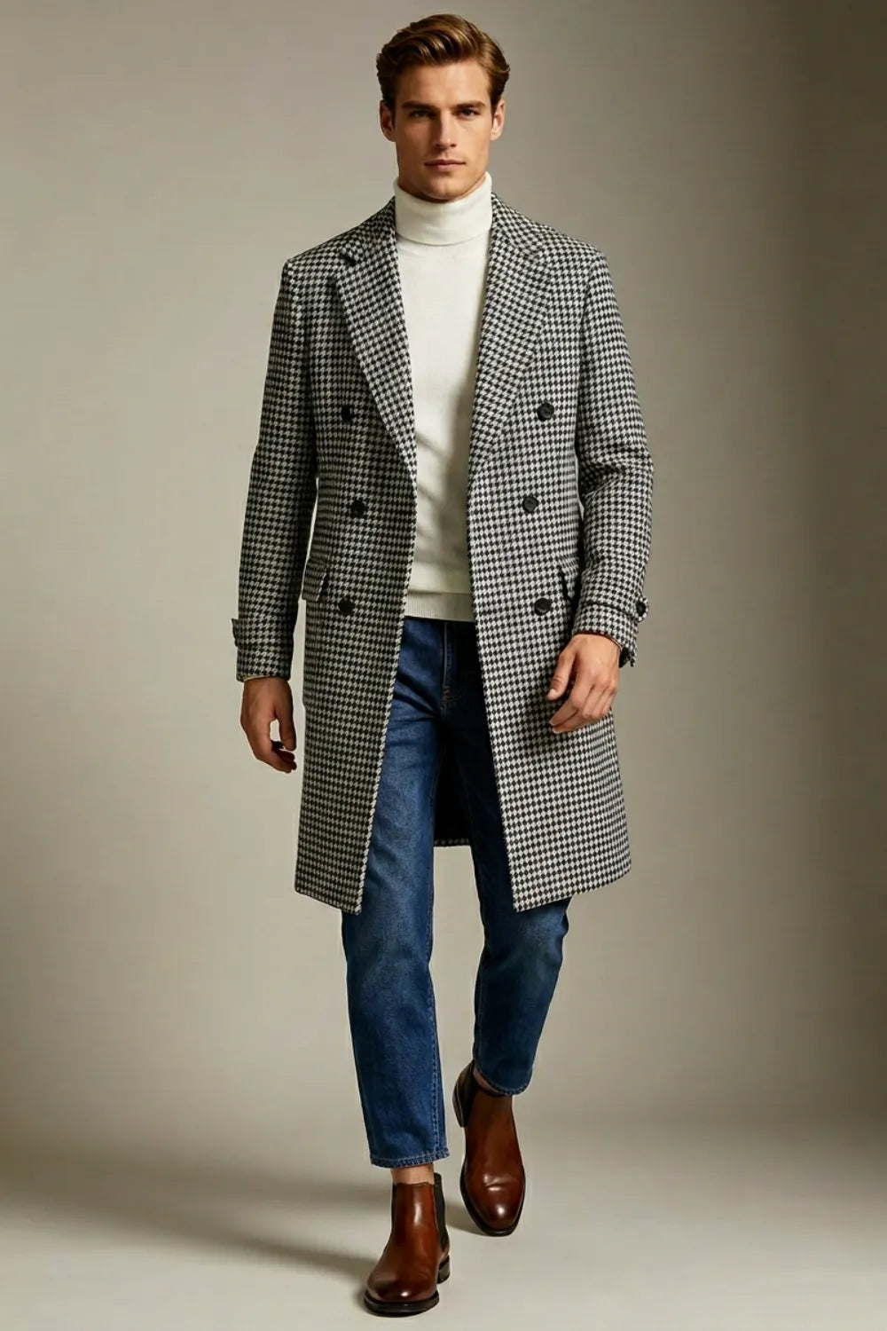 Men's Black And White Houndstooth Double Breasted Long Overcoat
