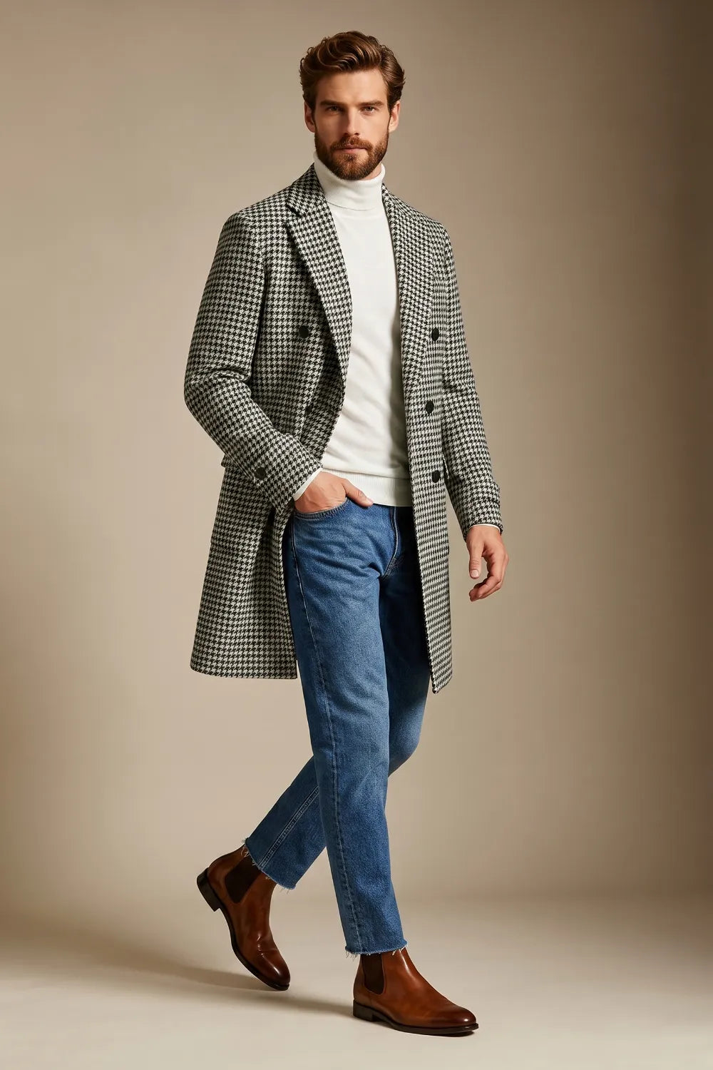 Men's Black And White Houndstooth Double Breasted Long Overcoat