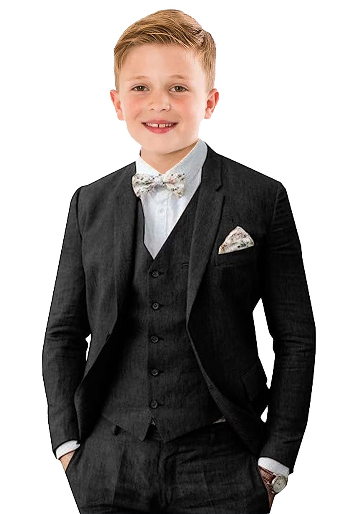 Black 3 piece boys linen suit with vest and bow tie – sleek formal summer outfit