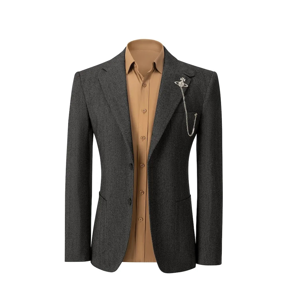 front view of black brown herringbone wool 2 piece suit blazer – showcasing classic business style with tailored winter fit