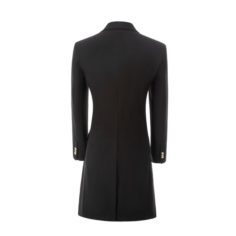 Rear view of black men’s long winter overcoat – structured fit and formal detailing