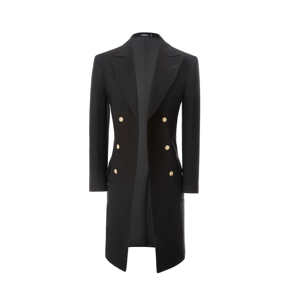 Open front black wool coat with gold buttons – stylish men’s winter overcoat design
