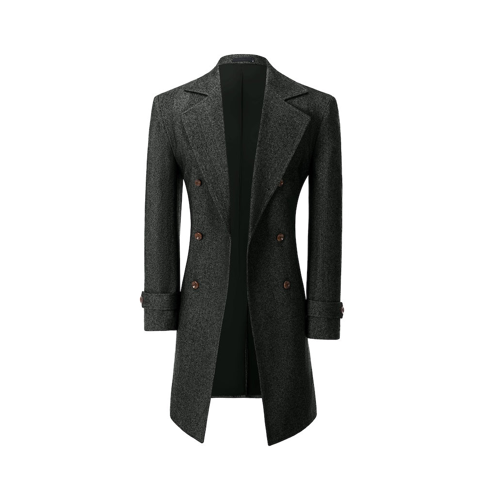 Black winter overcoat for men – open front wool design