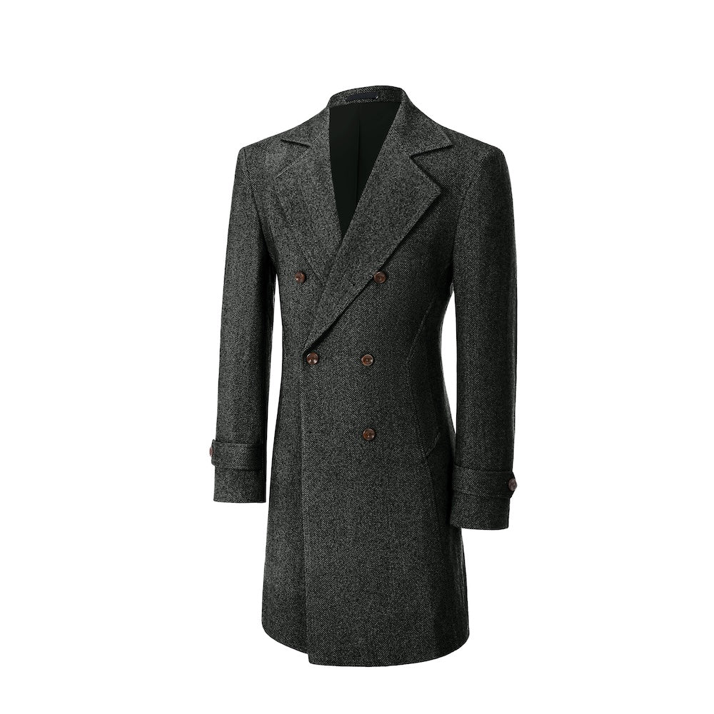 Black double-breasted outdoor coat for men – angled side view