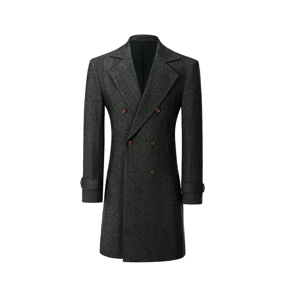 Black long winter coat for men – double-breasted front view