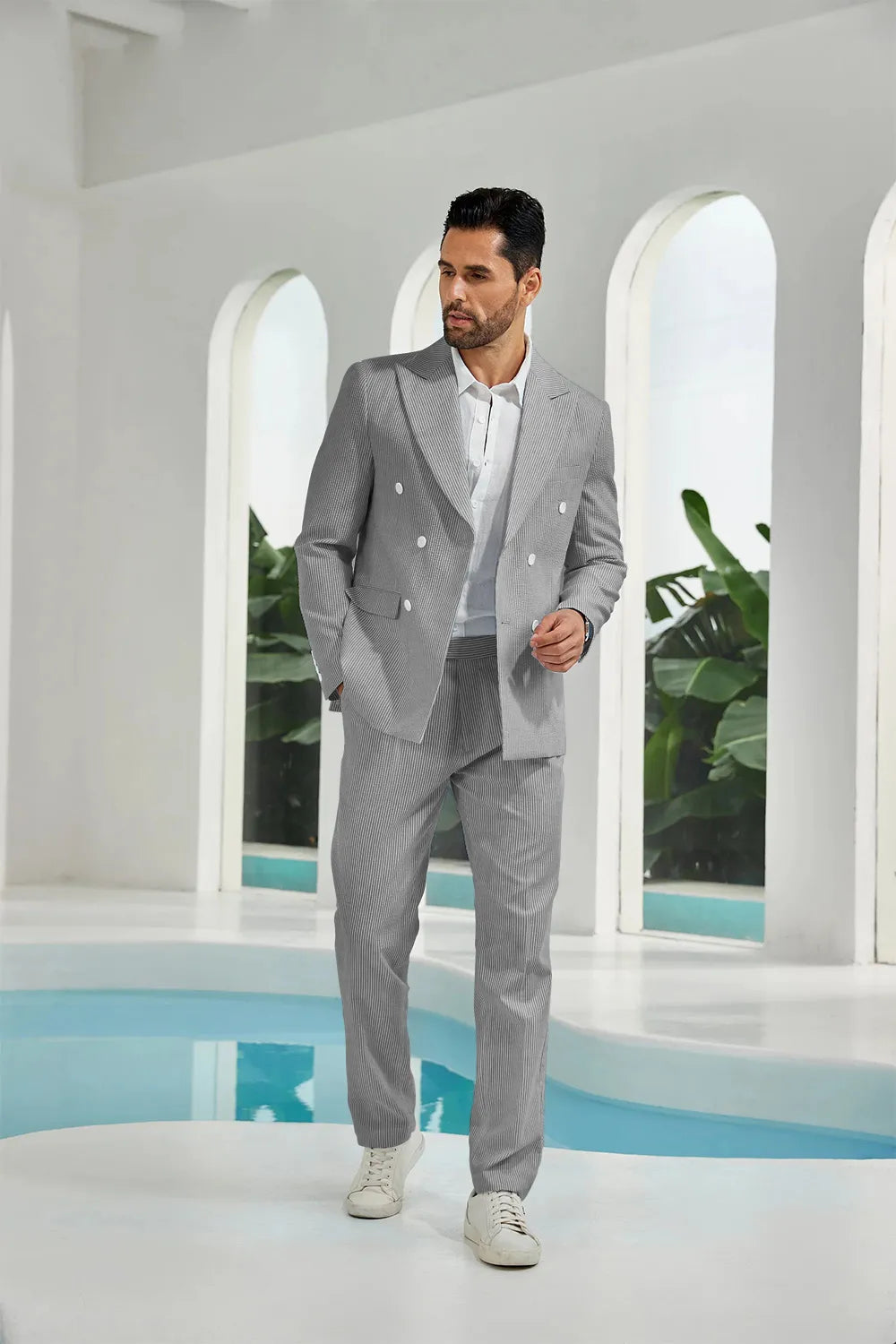 Black seersucker double breasted blazer pants 2 piece men's summer suit upgrade version on model