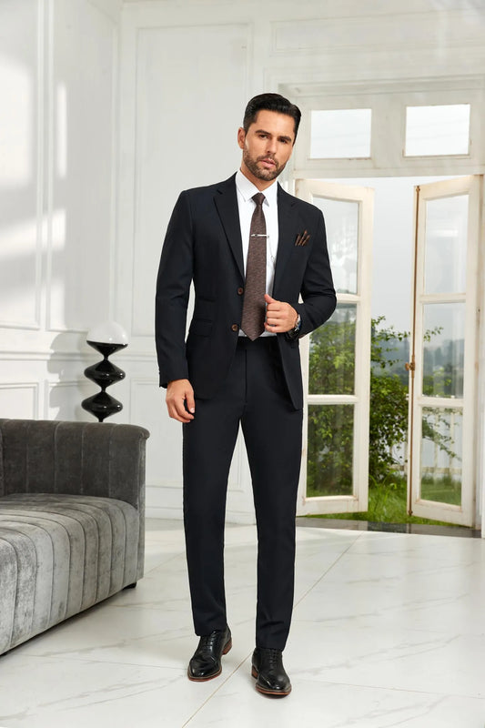 Front view of black striped men's 2 piece suit featuring slim fit blazer and matching trousers for classic wedding and office wear
