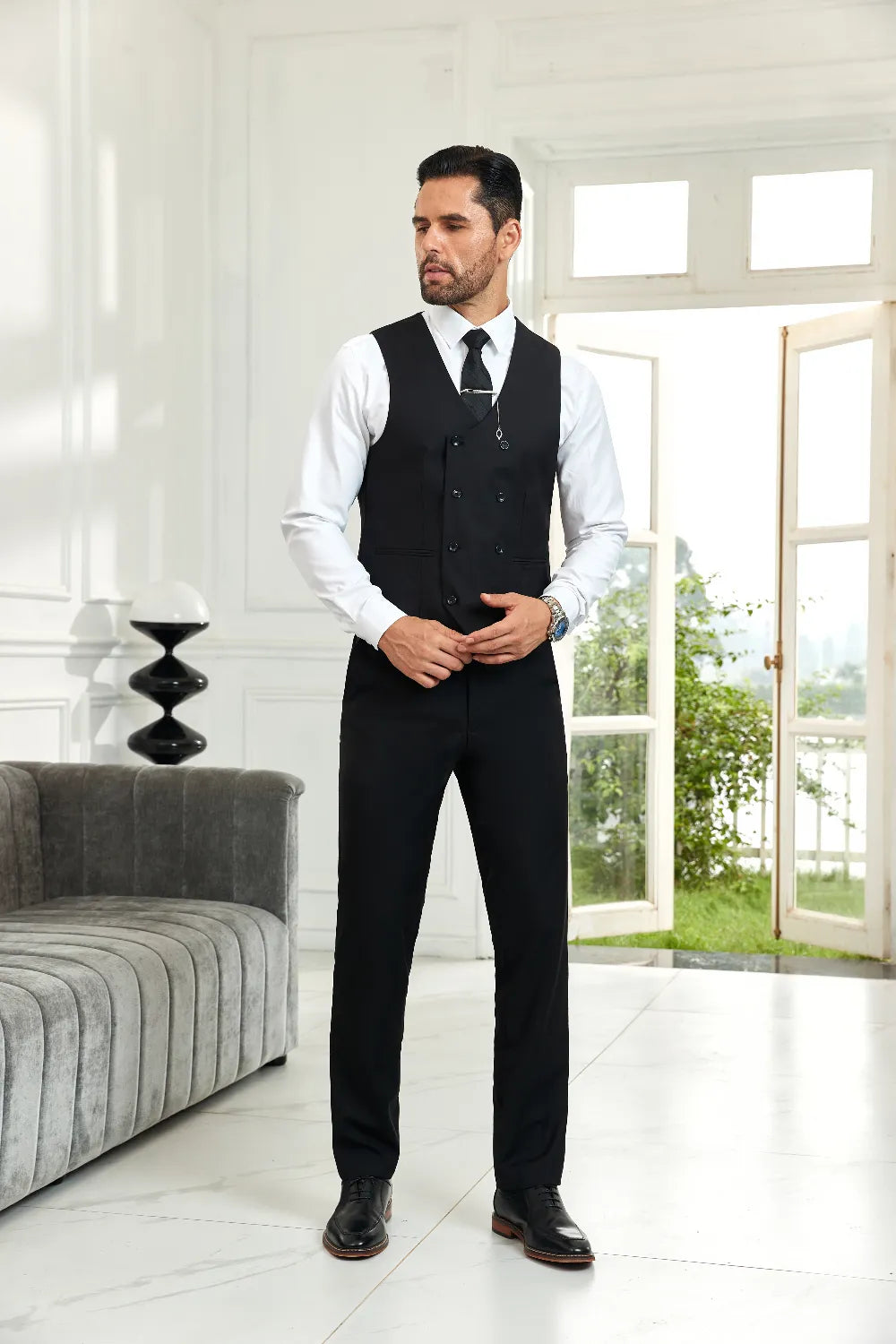 Men's Black Double Breasted Vest & Pants 2 Pieces Suits