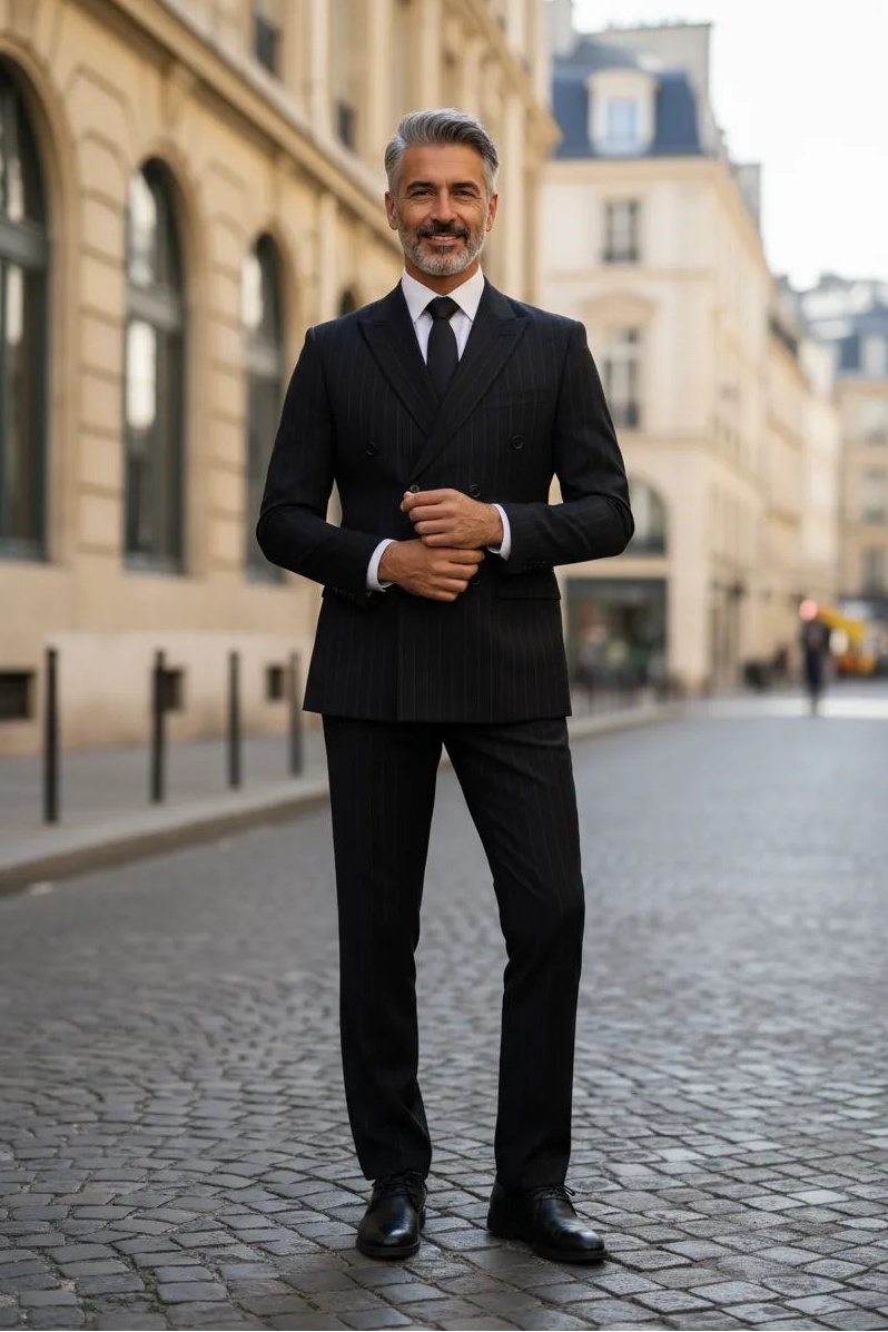 Men's Classic Pinstripe Double Breasted 3 Piece Suit