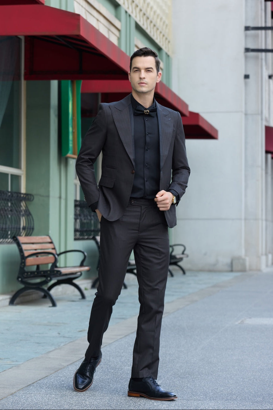 Unique big collar one-button 2 piece men's suit - black slim fit jacket & pants, formal evening outfit