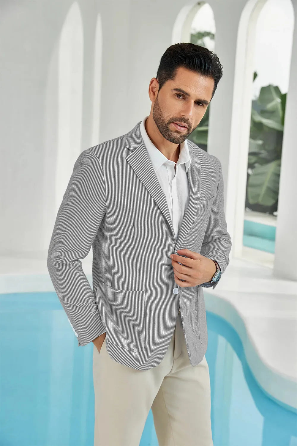 Black-white seersucker striped men's summer blazer