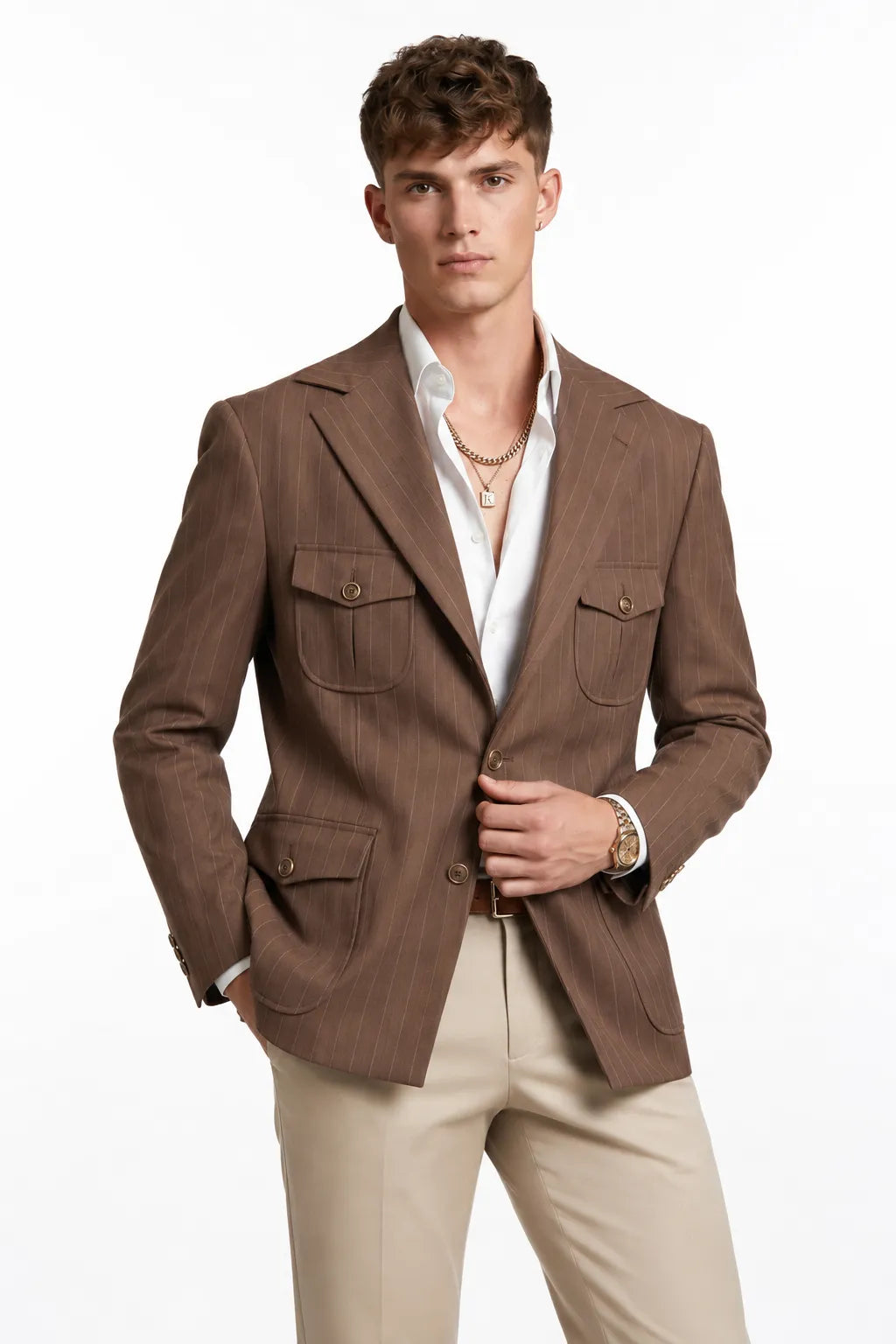 Men's Tailored Pinstripe Safari 2 Piece Suit
