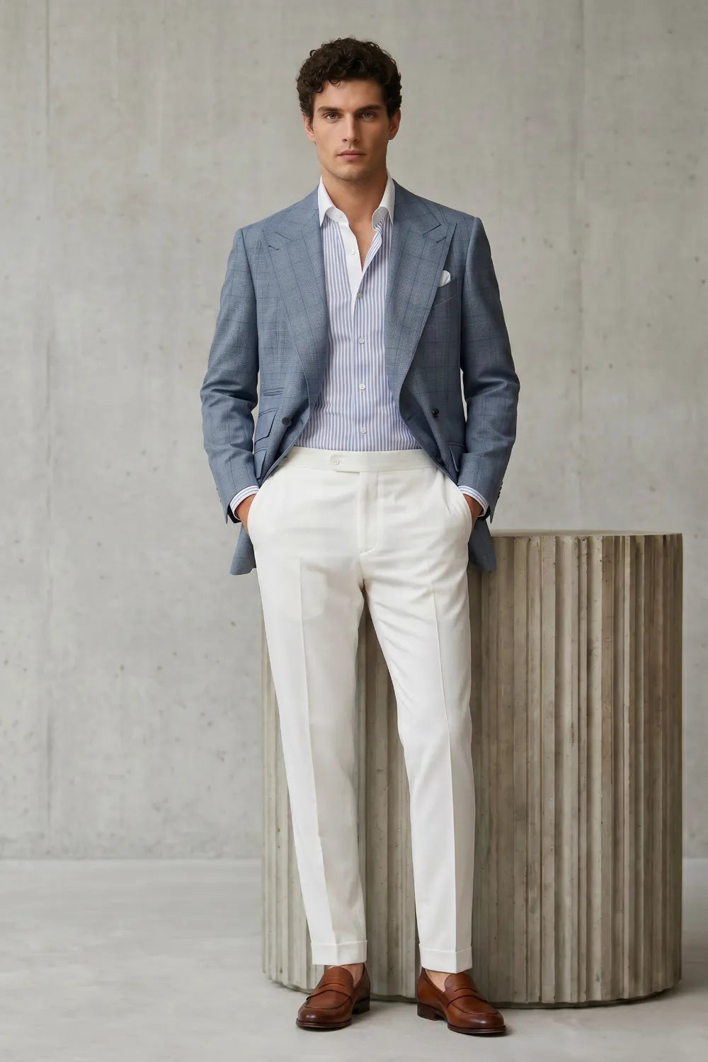 Men's Light Blue Double Breasted Prince Of Wales Check 2-Piece Suit