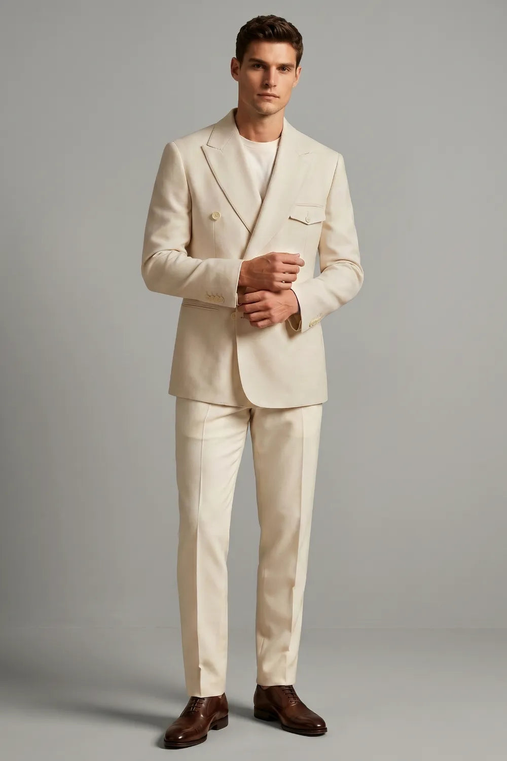 Men's Cream Double Breasted Peak Lapel Linen 2 Piece Suit