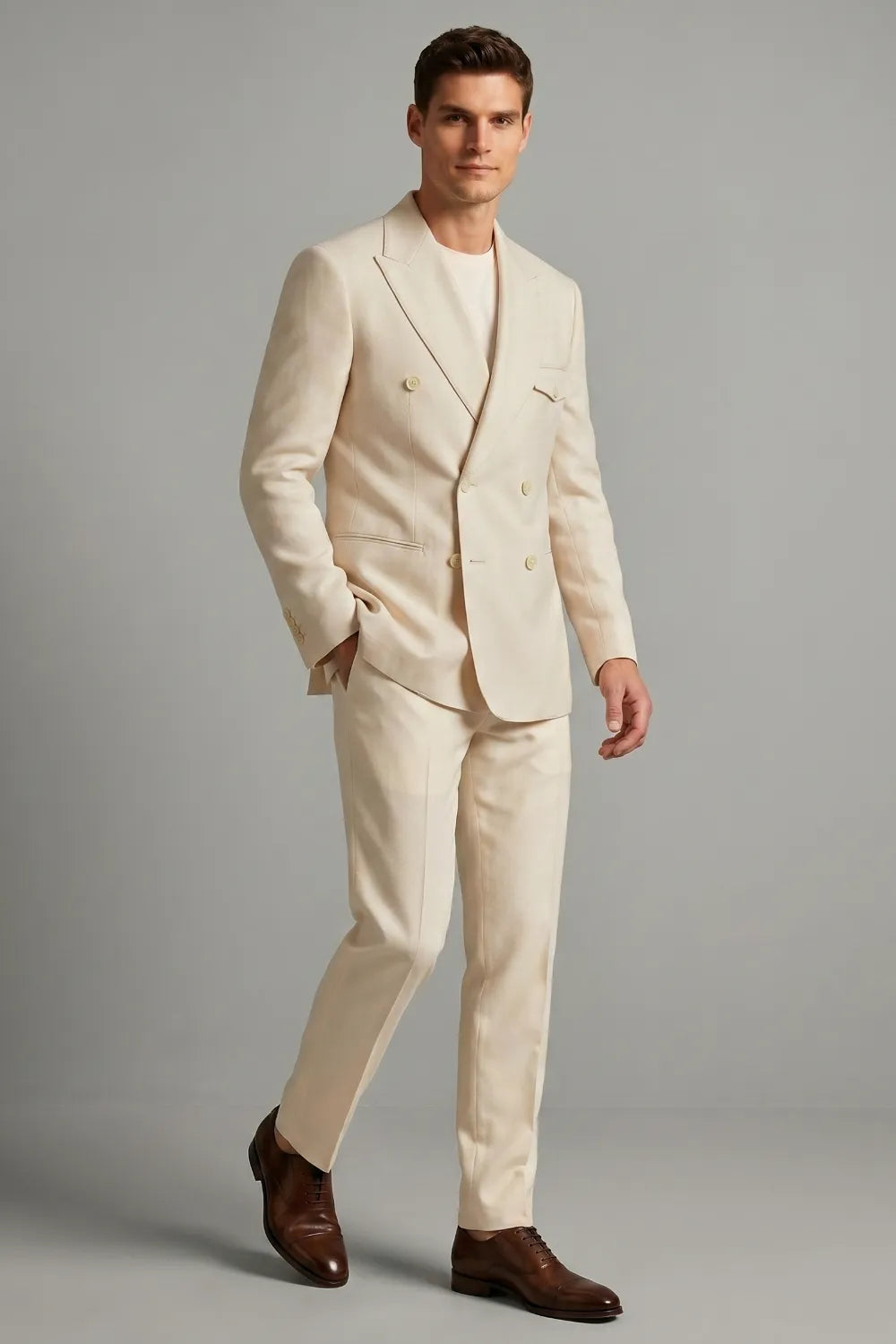 Men's Cream Double Breasted Peak Lapel Linen 2 Piece Suit