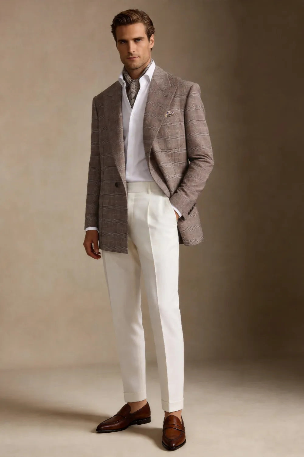 Men's Taupe Glen Plaid Double Breasted Wide Peak Lapel 2 Piece Suit