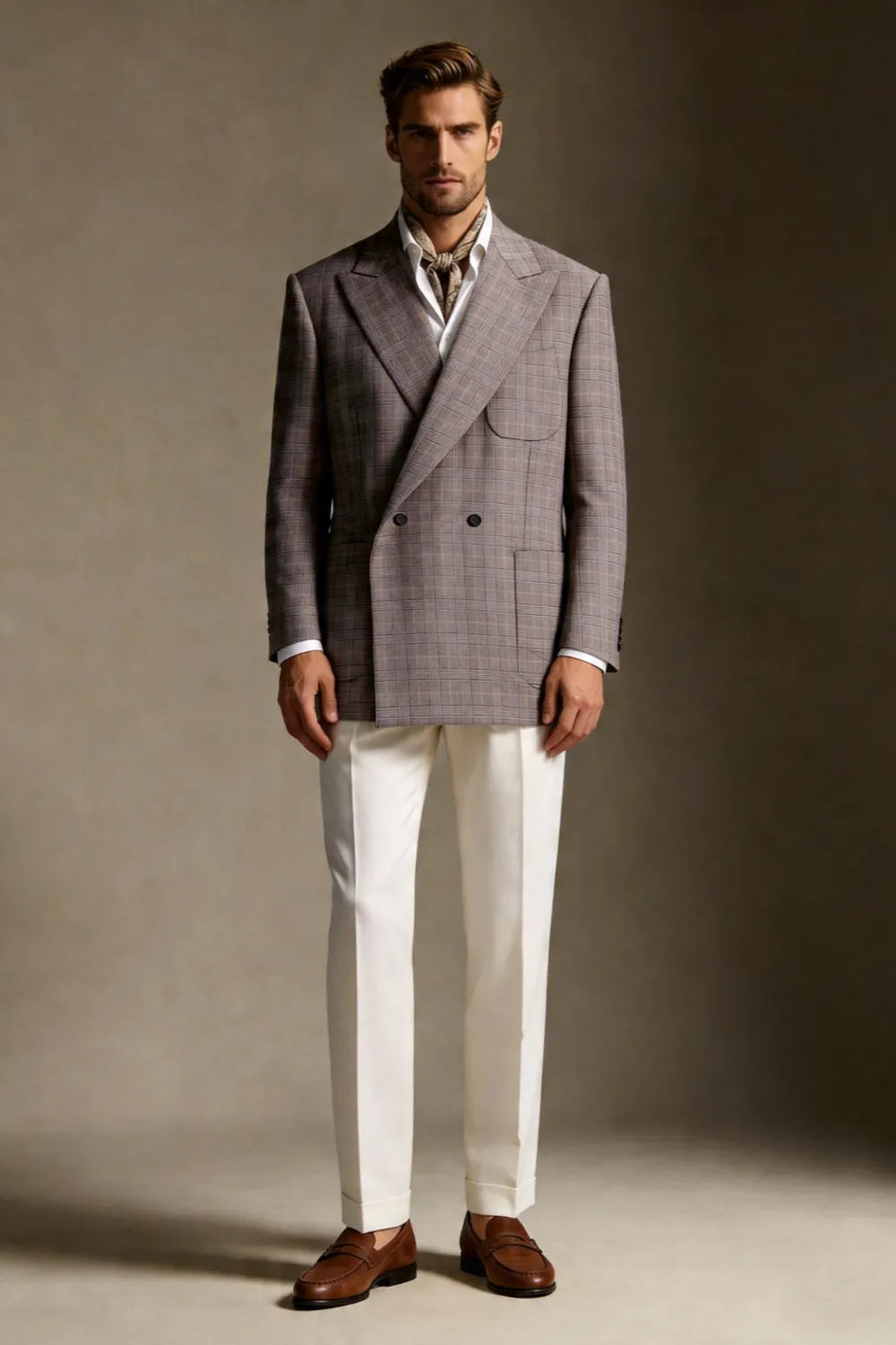 Men's Taupe Glen Plaid Double Breasted Wide Peak Lapel 2 Piece Suit