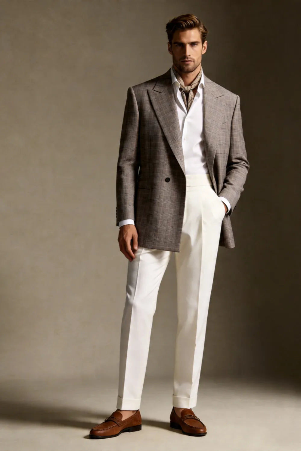 Men's Taupe Glen Plaid Double Breasted Wide Peak Lapel 2 Piece Suit
