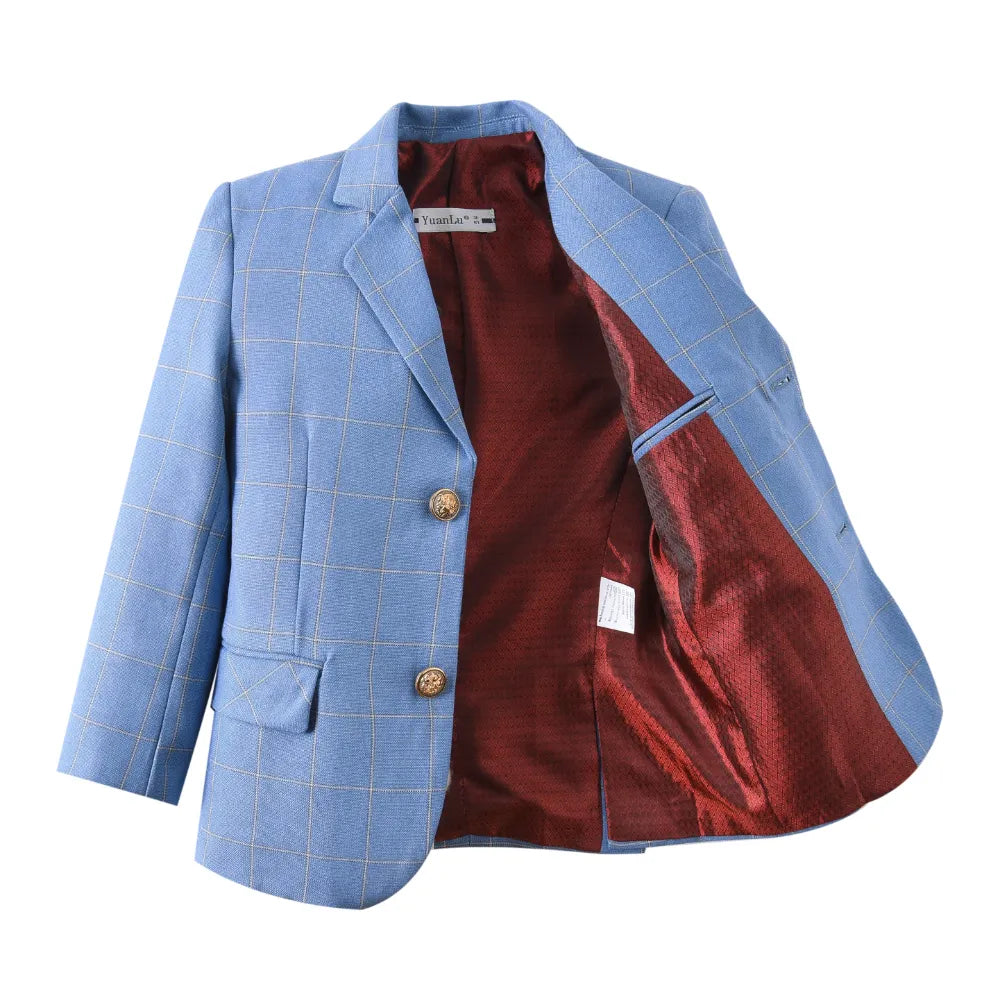 Inside view of light blue plaid boys formal blazer featuring rich red satin lining and inner pocket for school or dressy occasions.