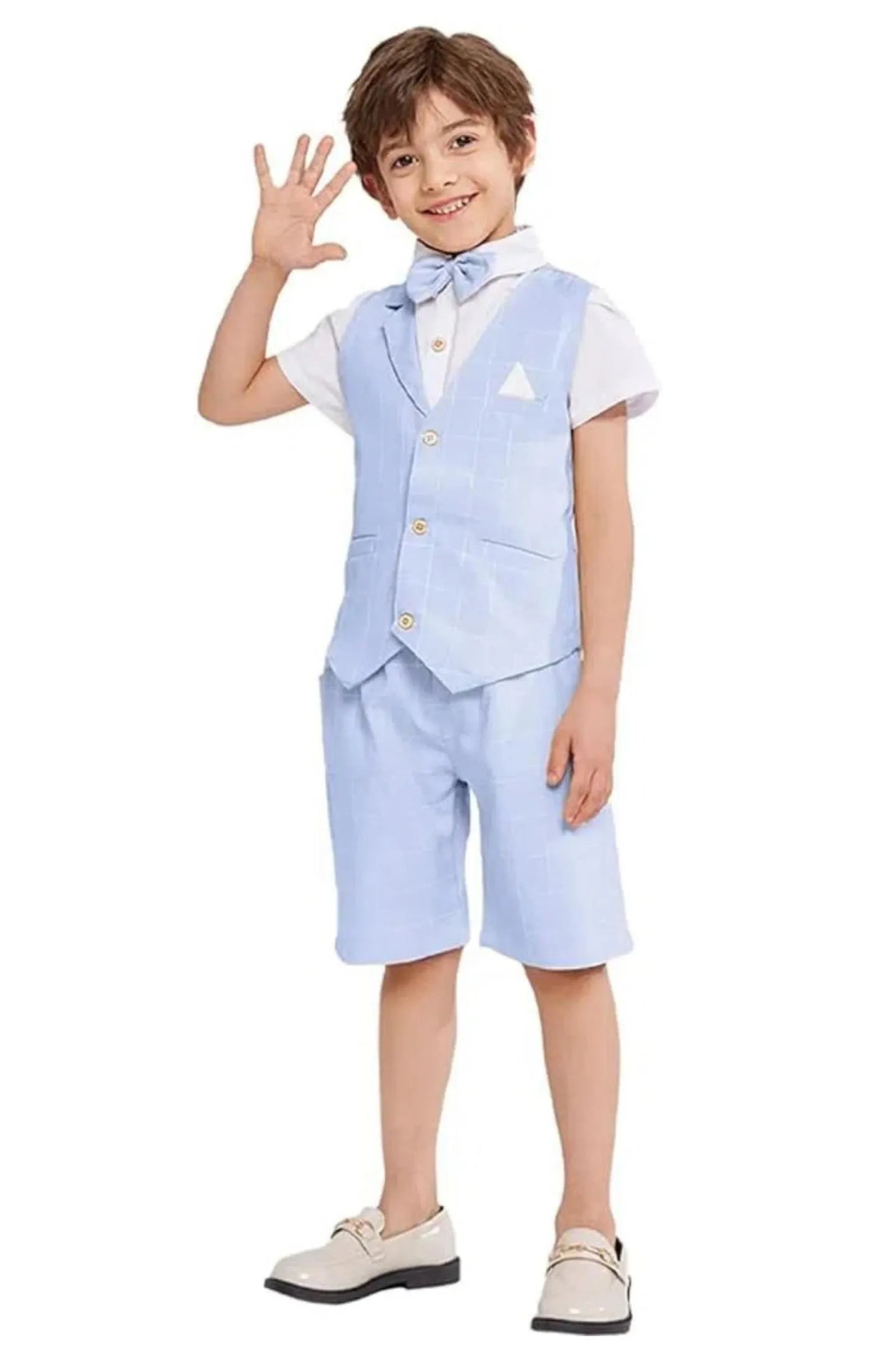 blue plaid boys 4 piece suit with vest, shorts, and bow tie for weddings and events