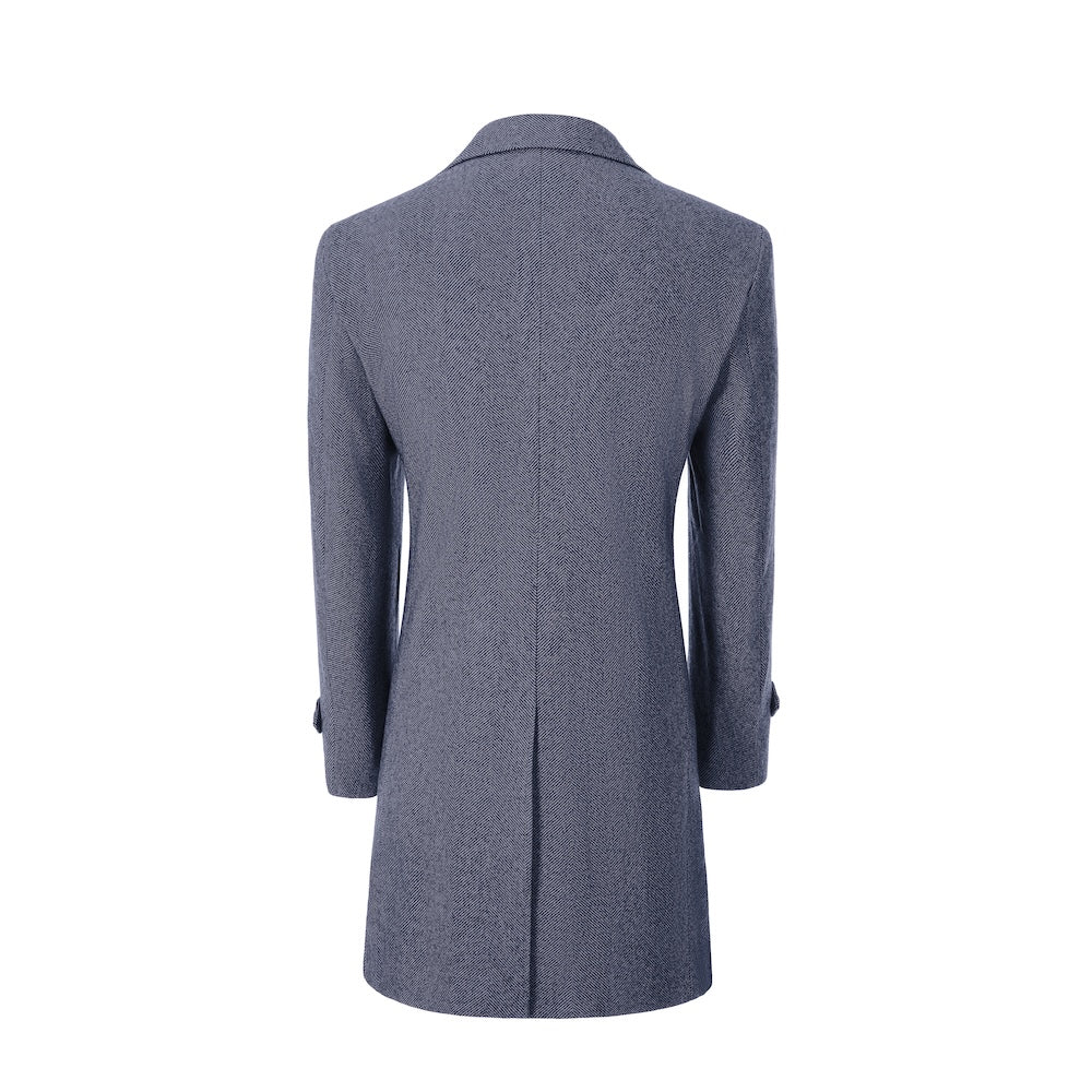 Blue back view of long coat for men – tailored winter style