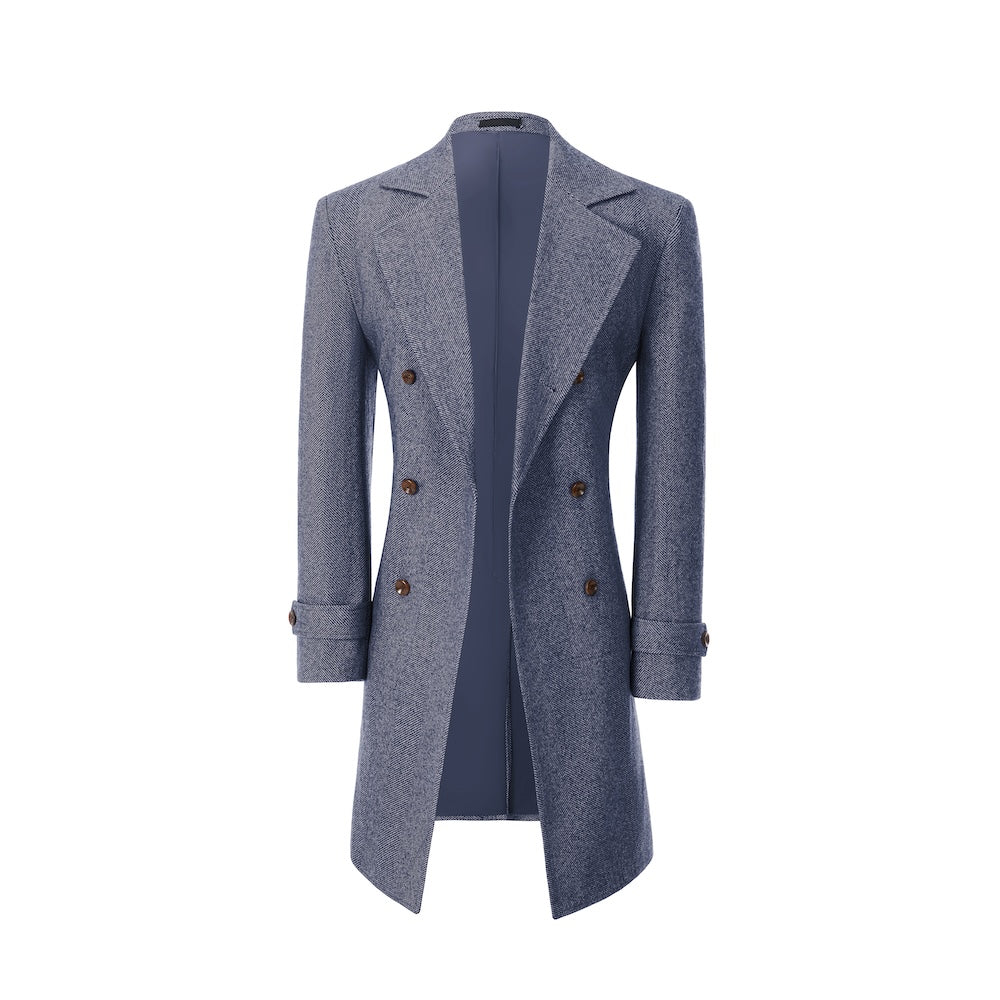 Blue winter overcoat for men – open front wool design