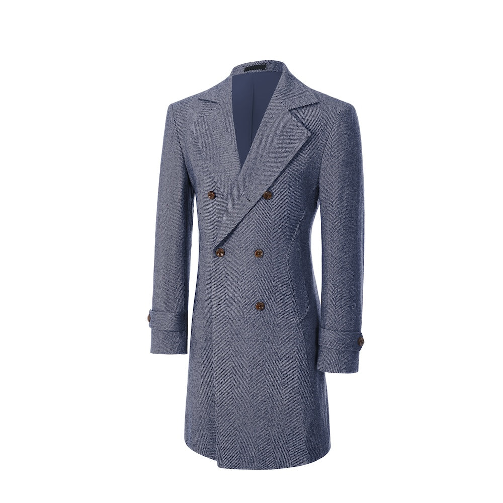 Blue double-breasted outdoor coat for men – angled side view