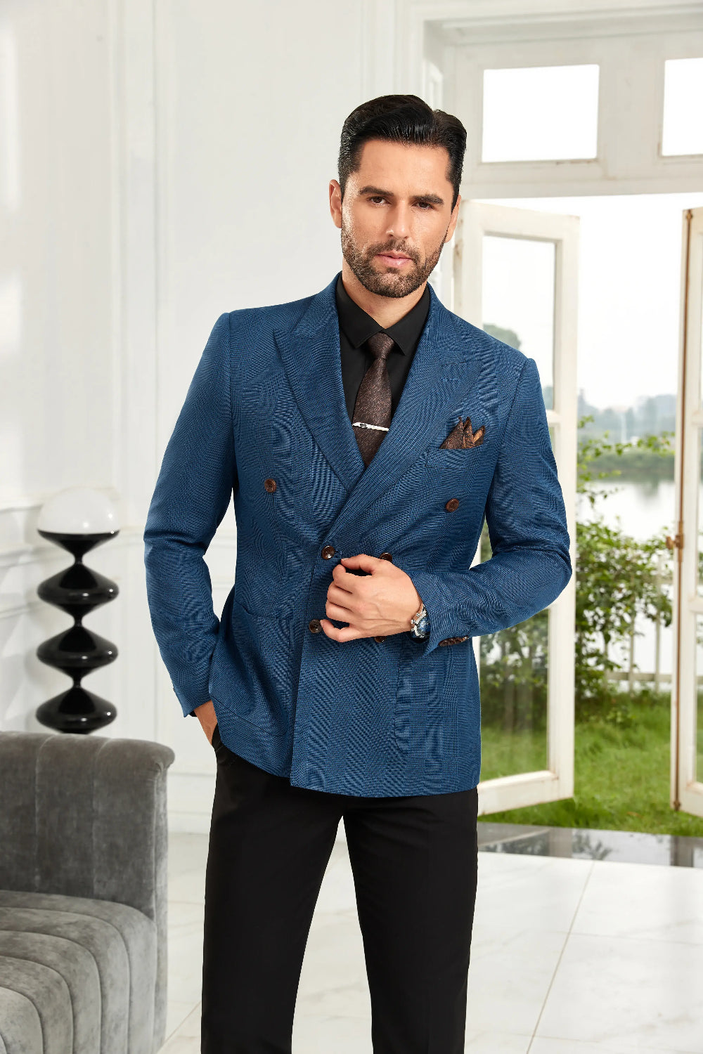 Men's Blue Plaid Double-Breasted Blazer