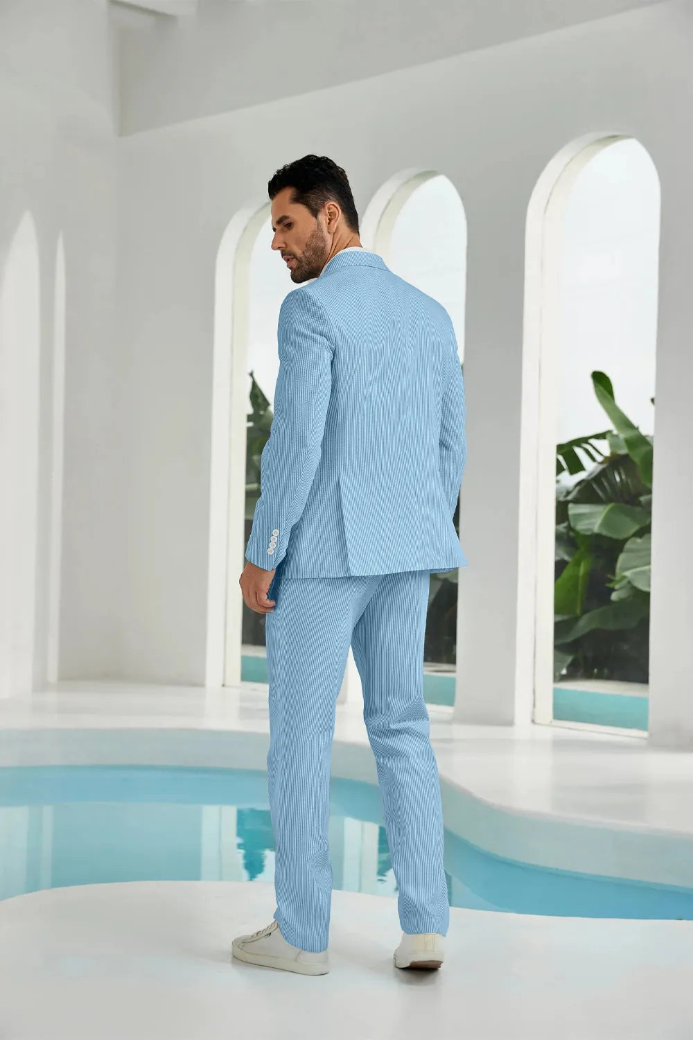 Blue seersucker double breasted blazer pants 2 piece men's summer suit upgrade version back display