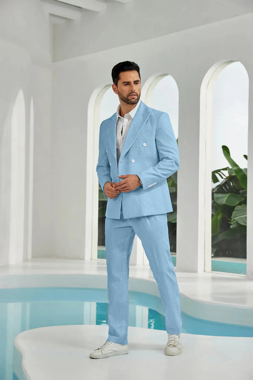 Blue seersucker double breasted blazer pants 2 piece men's summer suit upgrade version side display