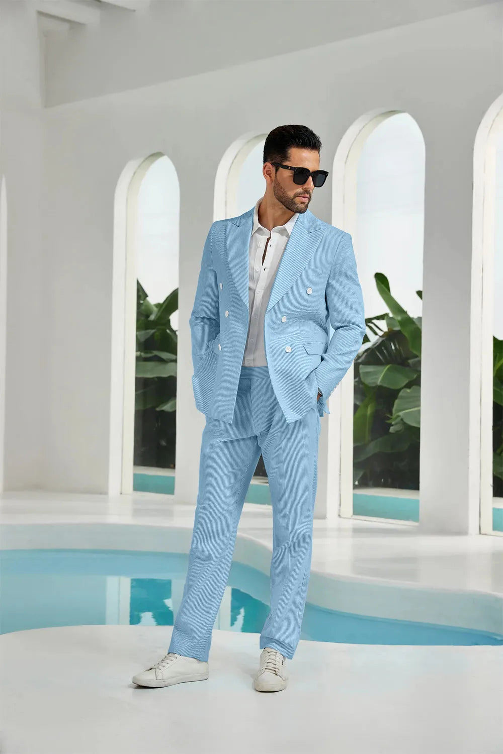 Blue seersucker double breasted blazer pants 2 piece men's summer suit upgrade version