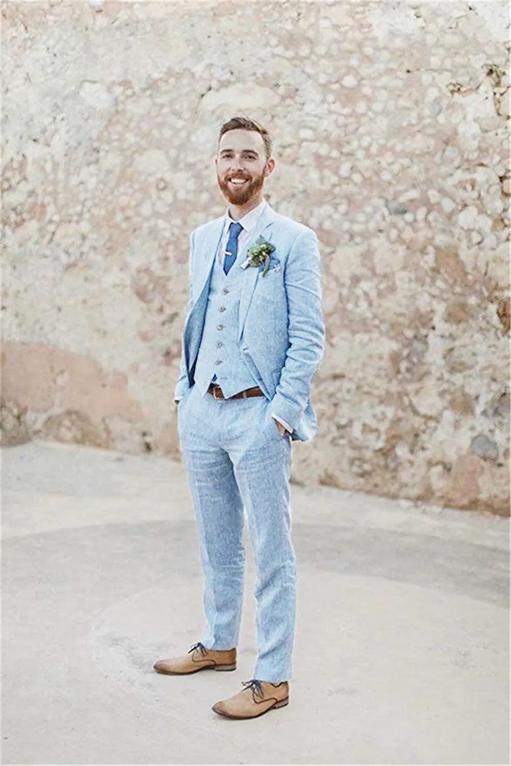 Men's 3 piece blue linen suit – slim fit summer wedding outfit with blazer, vest, and trousers, styled with dress shirt and tie for retro beach ceremony look