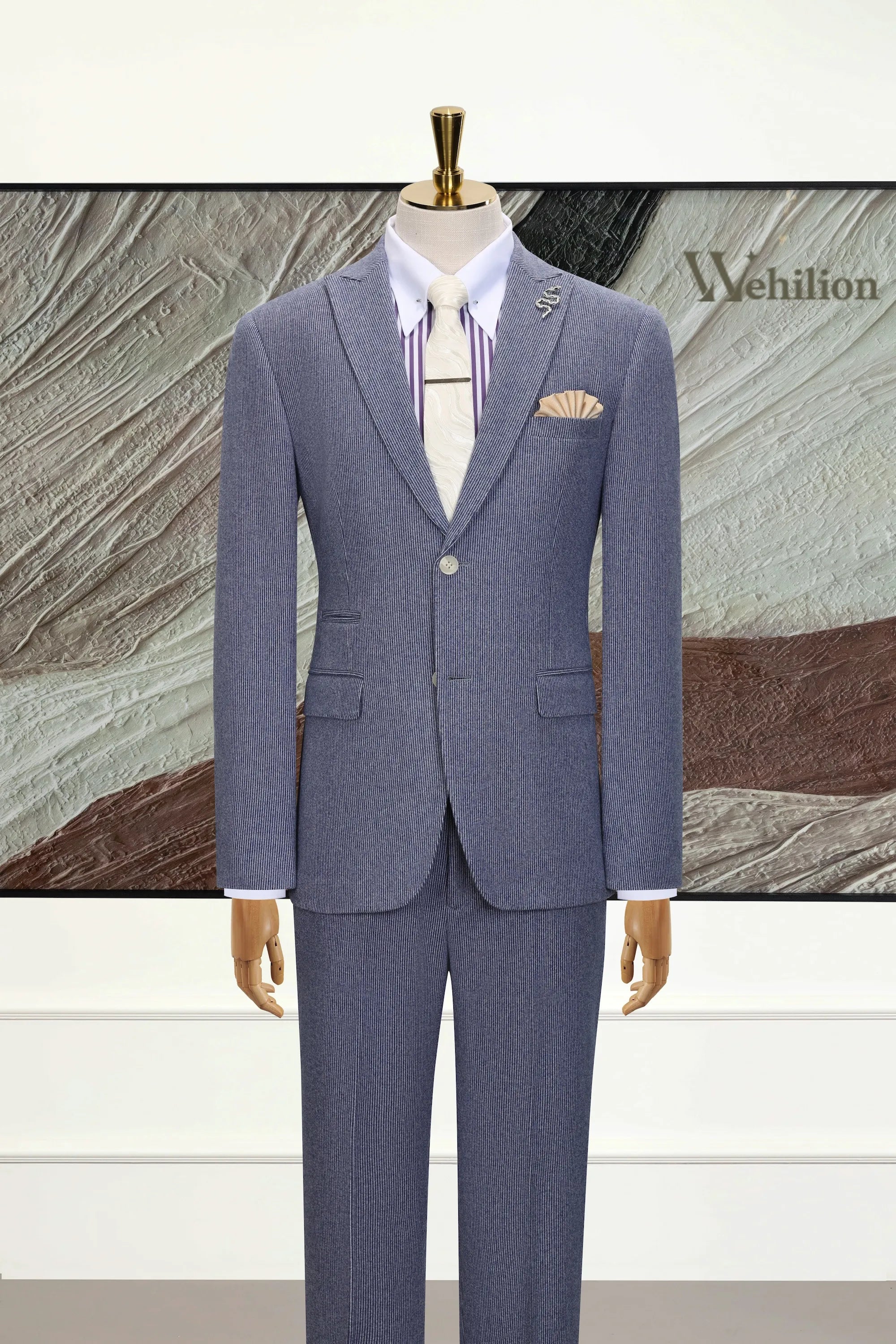 Men's Blue Pinstripe Herringbone 2 Piece Suits