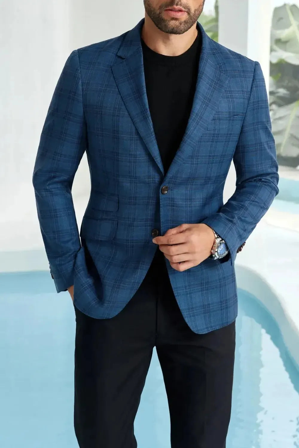 Men's Blue Slim Fit Plaid Blazer