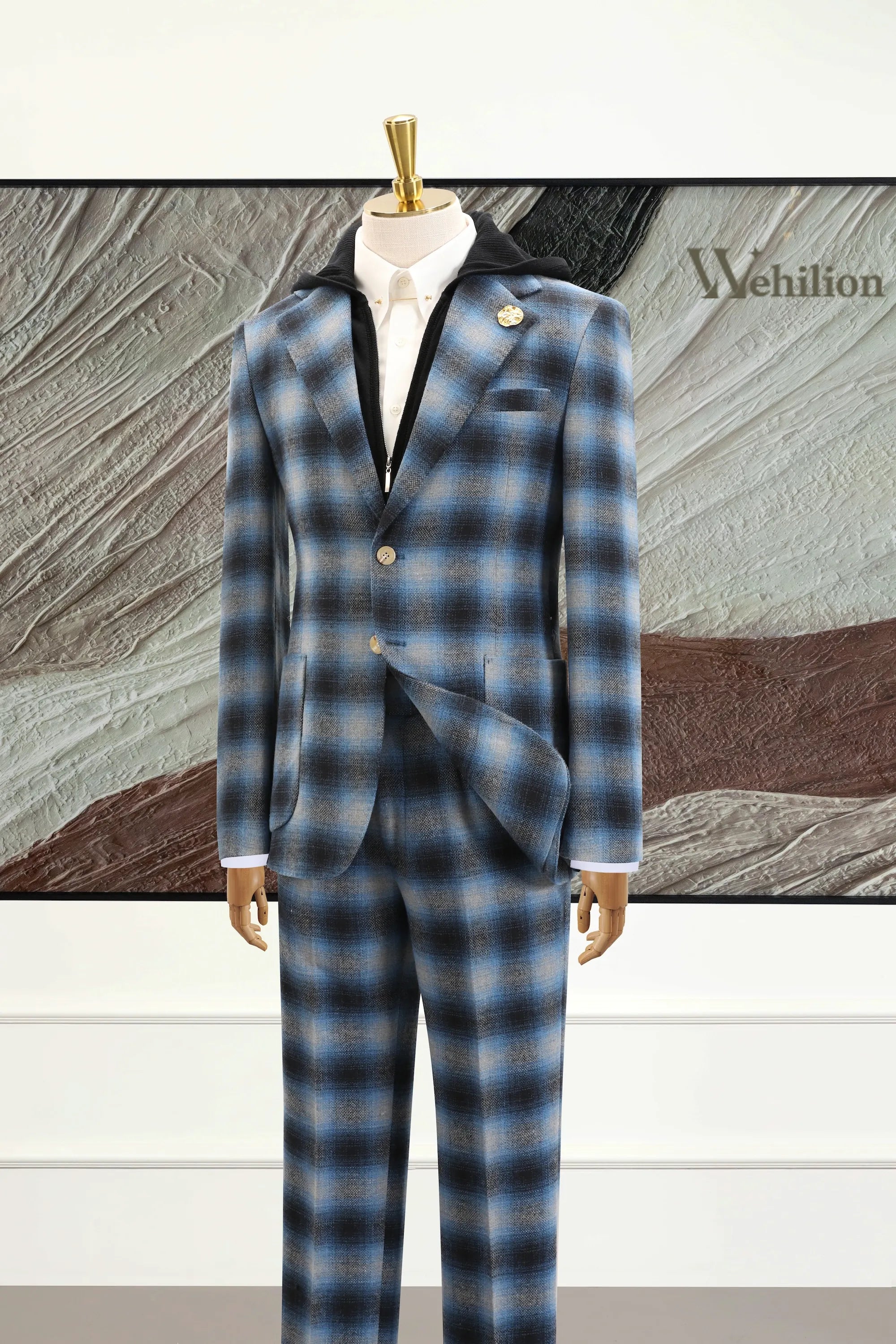 Men's Blue Plaid Herringbone 2 Piece Suits