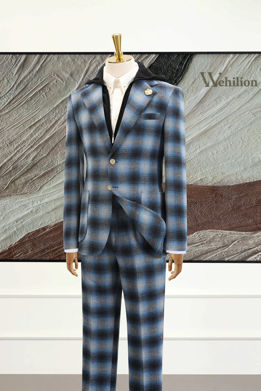 Men's Blue Plaid Herringbone 2 Piece Suits