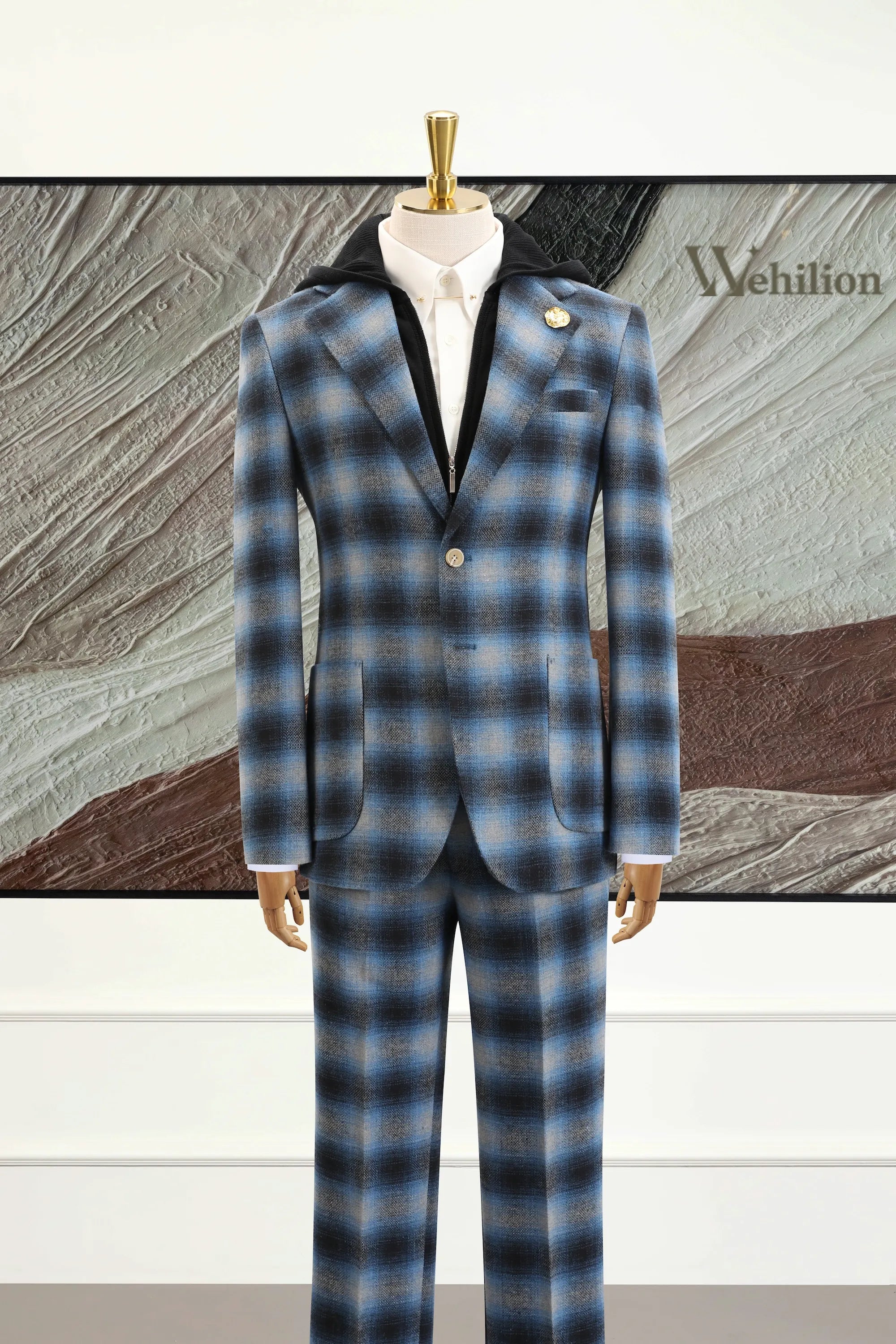 Men's Blue Plaid Herringbone 2 Piece Suits
