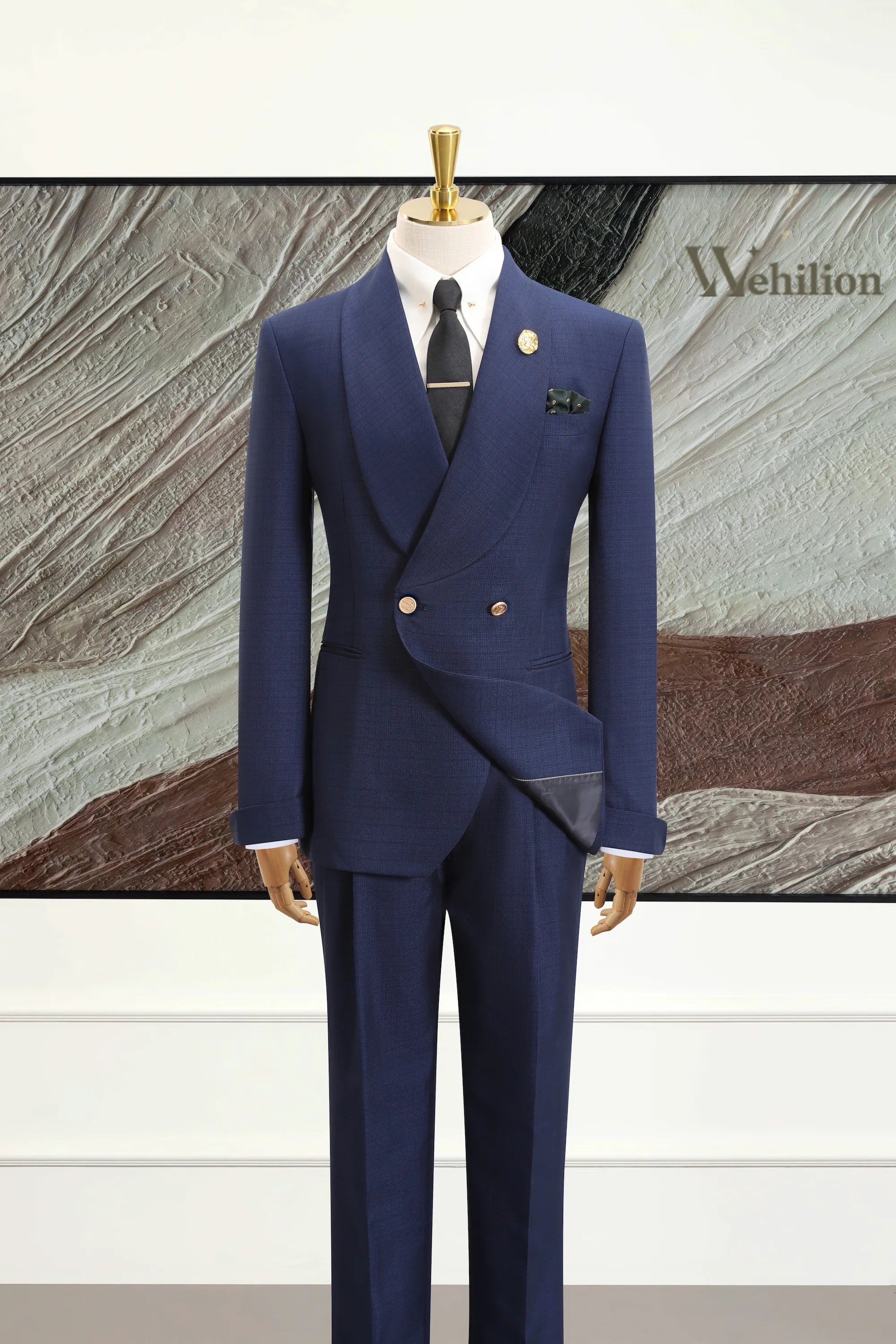 Men's Dark Blue Shawl Collar 2 Piece Suits