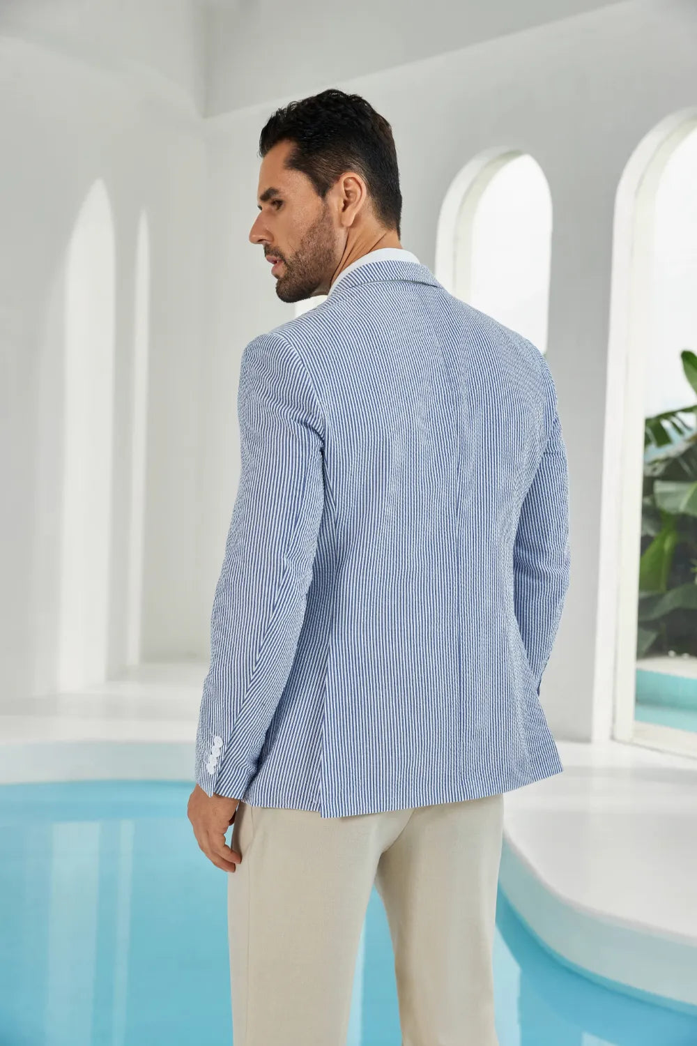 Blue-white seersucker striped men's summer blazer back display