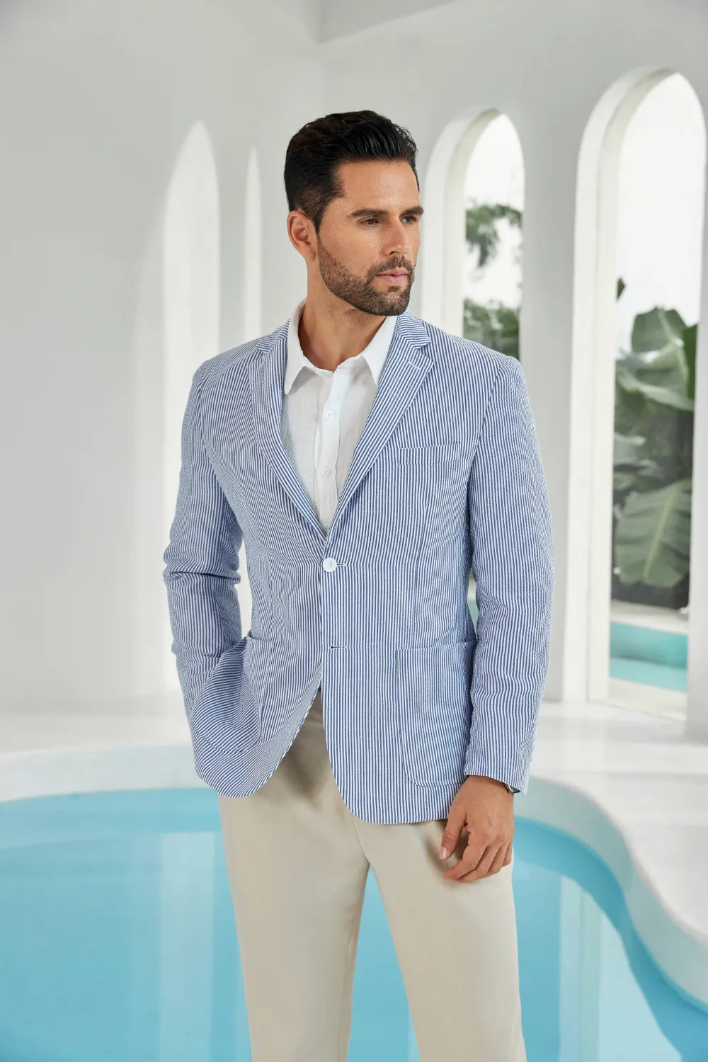 Blue-white seersucker striped men's summer blazer